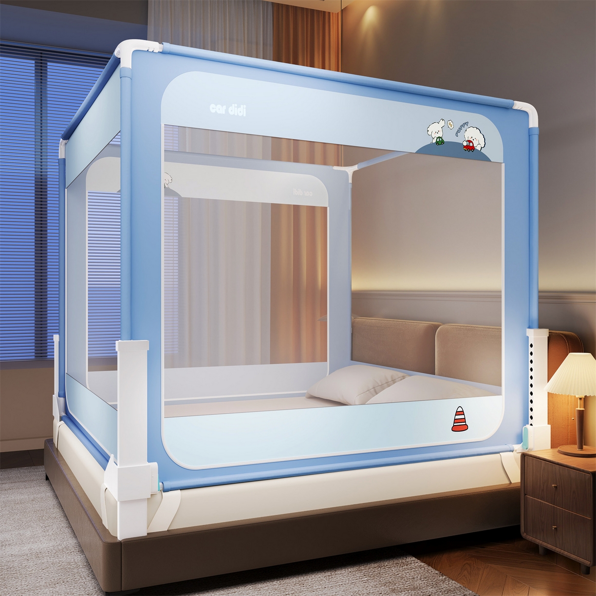 91家纺网 家纺一手货源 找家纺 佳梦家纺 2026春夏新款护栏级防摔坐床蚊帐立柱卡通系列 滴滴小狗-三门全底款