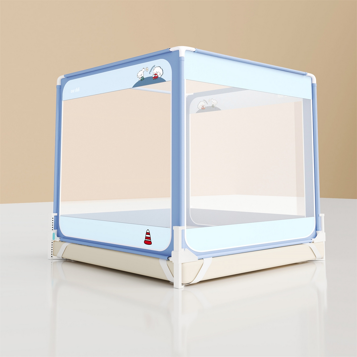 91家纺网 家纺一手货源 找家纺 佳梦家纺 2026春夏新款护栏级防摔坐床蚊帐立柱卡通系列 滴滴小狗-三门全底款