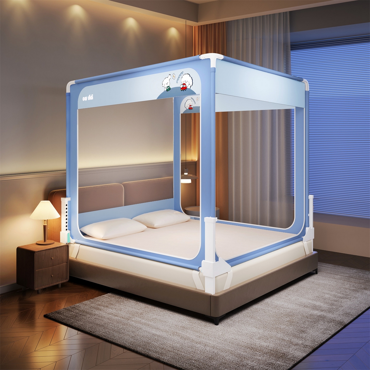 91家纺网 家纺一手货源 找家纺 佳梦家纺 2026春夏新款护栏级防摔坐床蚊帐立柱卡通系列 滴滴小狗-三门全底款