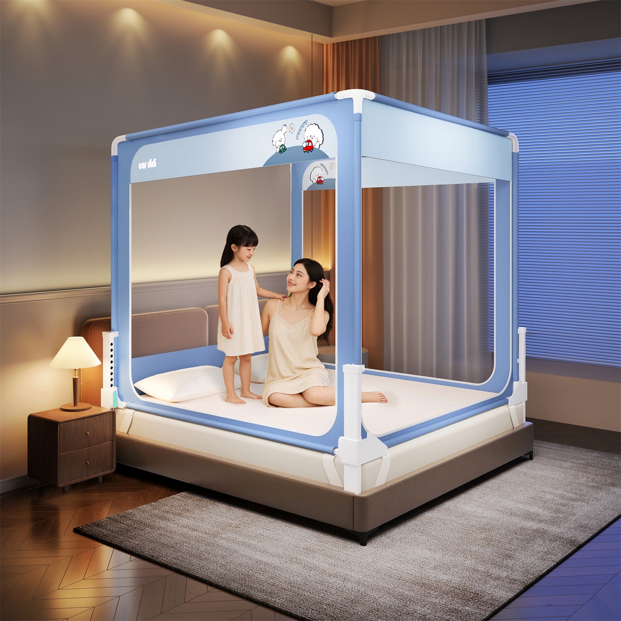 91家纺网 家纺一手货源 找家纺 佳梦家纺 2026春夏新款护栏级防摔坐床蚊帐立柱卡通系列 滴滴小狗-三门全底款