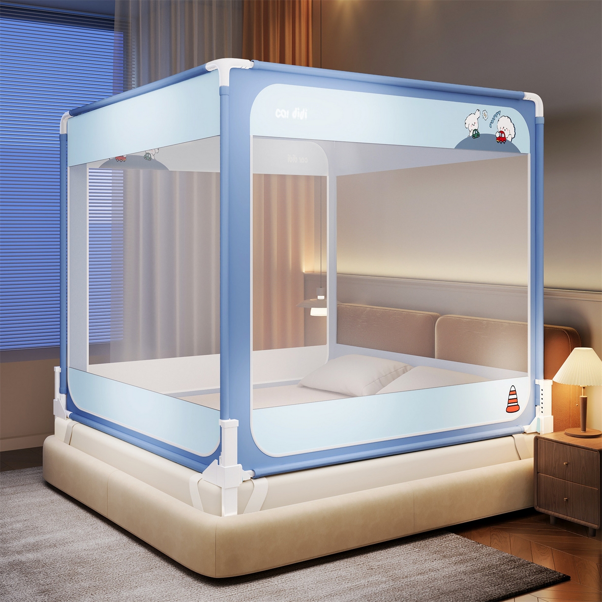 91家纺网 家纺一手货源 找家纺 佳梦家纺 2026春夏新款护栏级防摔坐床蚊帐立柱卡通系列 滴滴小狗-三门全底款