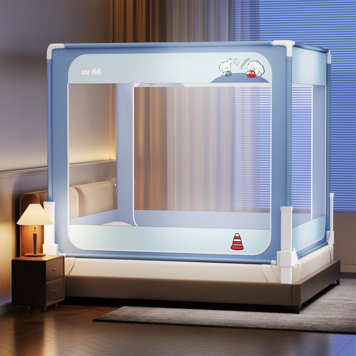 91家纺网 家纺一手货源 找家纺 佳梦家纺 2026春夏新款护栏级防摔坐床蚊帐立柱卡通系列 滴滴小狗-三门全底款