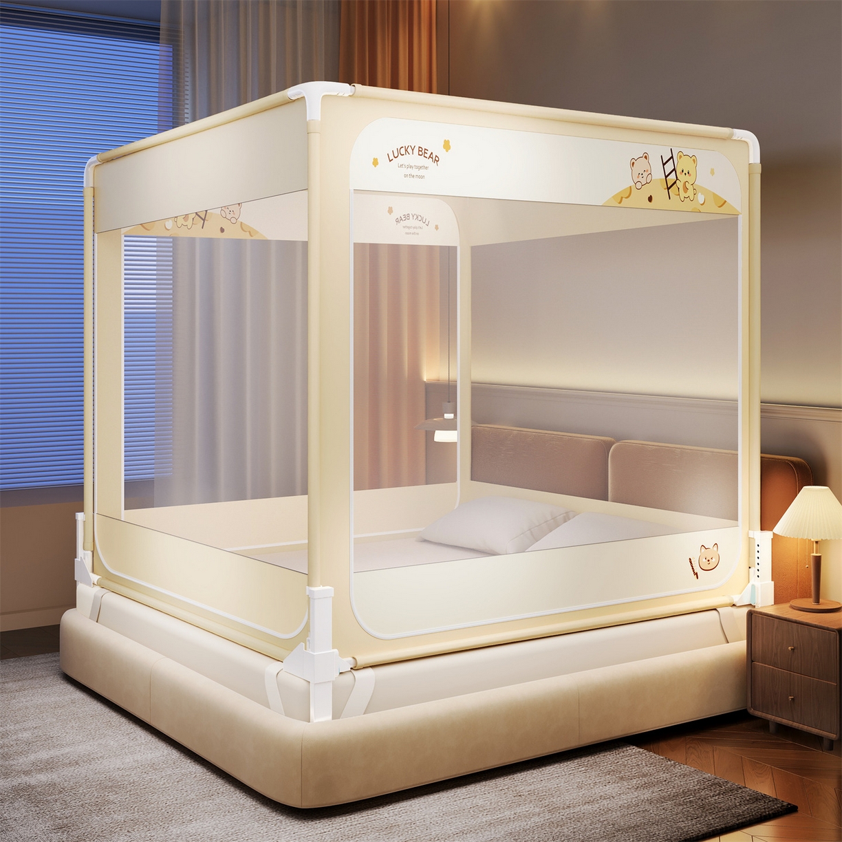 佳梦家纺 2026春夏新款护栏级防摔坐床蚊帐立柱卡通系列 楼梯熊-三门全底款