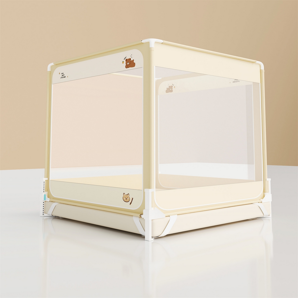 91家纺网 家纺一手货源 找家纺 佳梦家纺 2026春夏新款护栏级防摔坐床蚊帐立柱卡通系列 趴趴熊-三门全底款