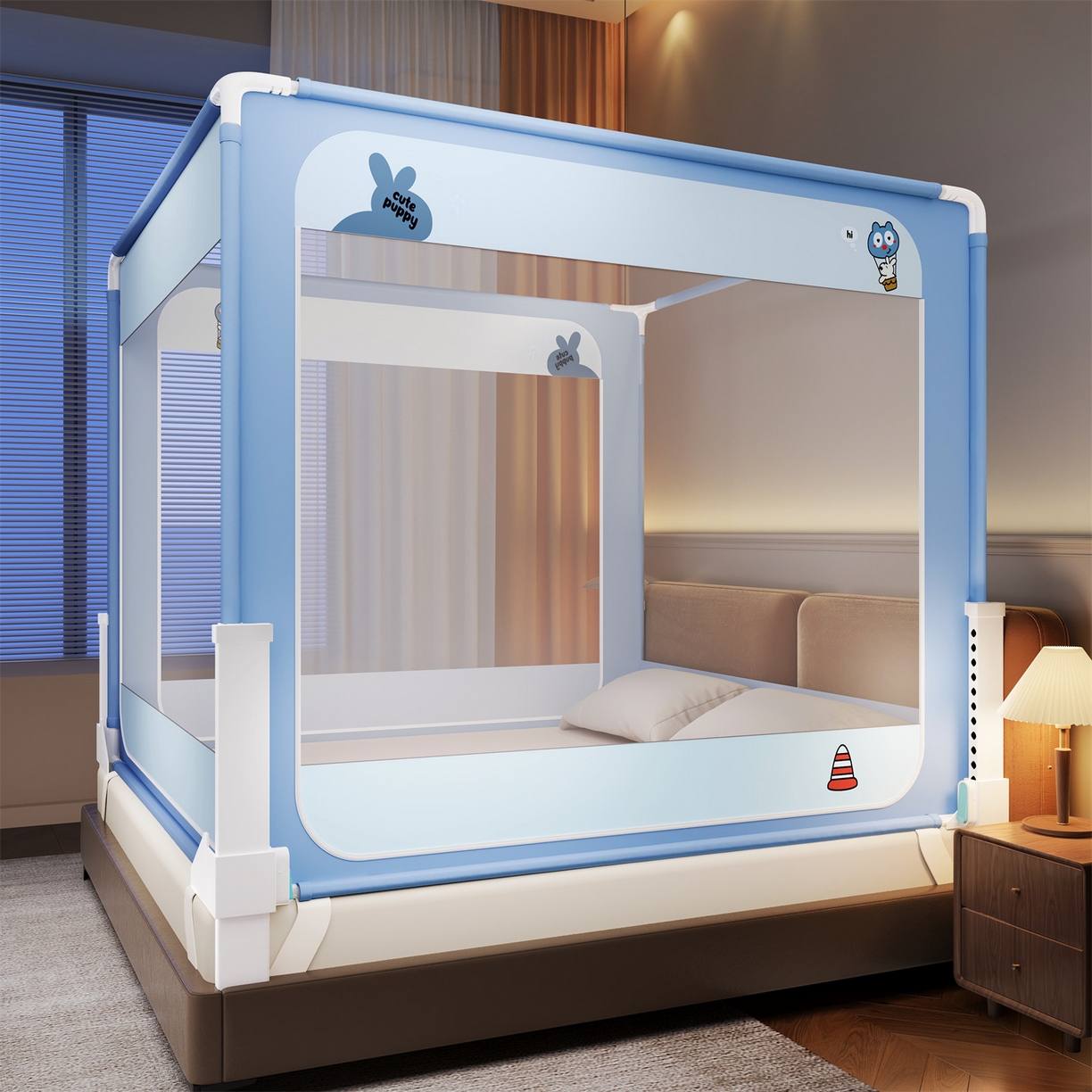 91家纺网 家纺一手货源 找家纺 佳梦家纺 2026春夏新款护栏级防摔坐床蚊帐立柱卡通系列 气球小狗-三门全底款