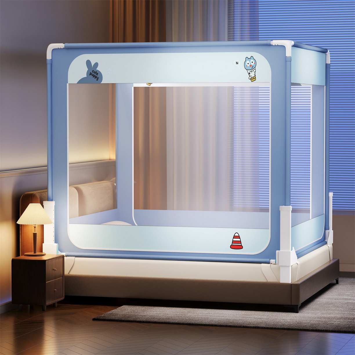 91家纺网 家纺一手货源 找家纺 佳梦家纺 2026春夏新款护栏级防摔坐床蚊帐立柱卡通系列 气球小狗-三门全底款