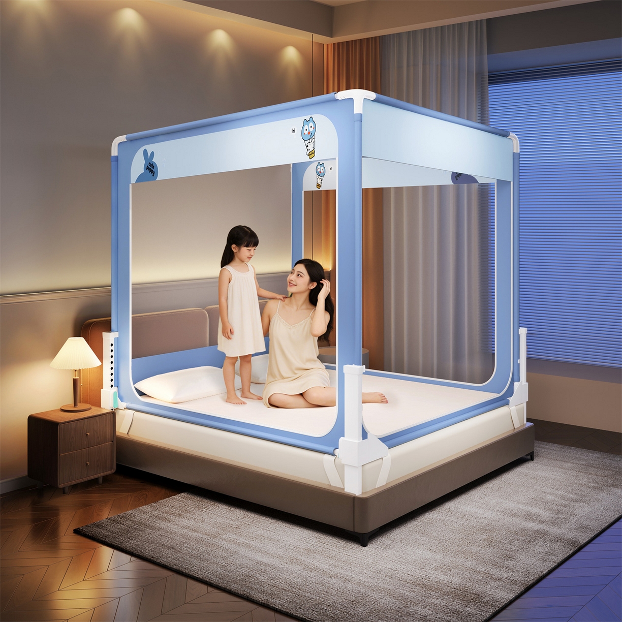 91家纺网 家纺一手货源 找家纺 佳梦家纺 2026春夏新款护栏级防摔坐床蚊帐立柱卡通系列 气球小狗-三门全底款