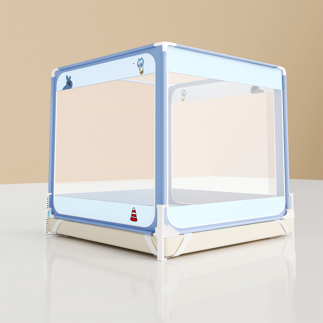 91家纺网 家纺一手货源 找家纺 佳梦家纺 2026春夏新款护栏级防摔坐床蚊帐立柱卡通系列 气球小狗-三门全底款
