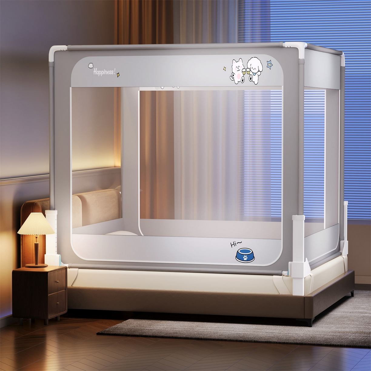 91家纺网 家纺一手货源 找家纺 佳梦家纺 2026春夏新款护栏级防摔坐床蚊帐立柱卡通系列 甜蜜时光-三门全底款