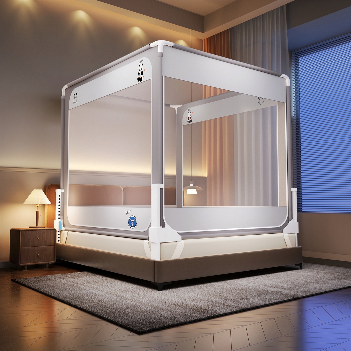 佳梦家纺 2026春夏新款护栏级防摔坐床蚊帐立柱卡通系列 小熊猫-三门全底款