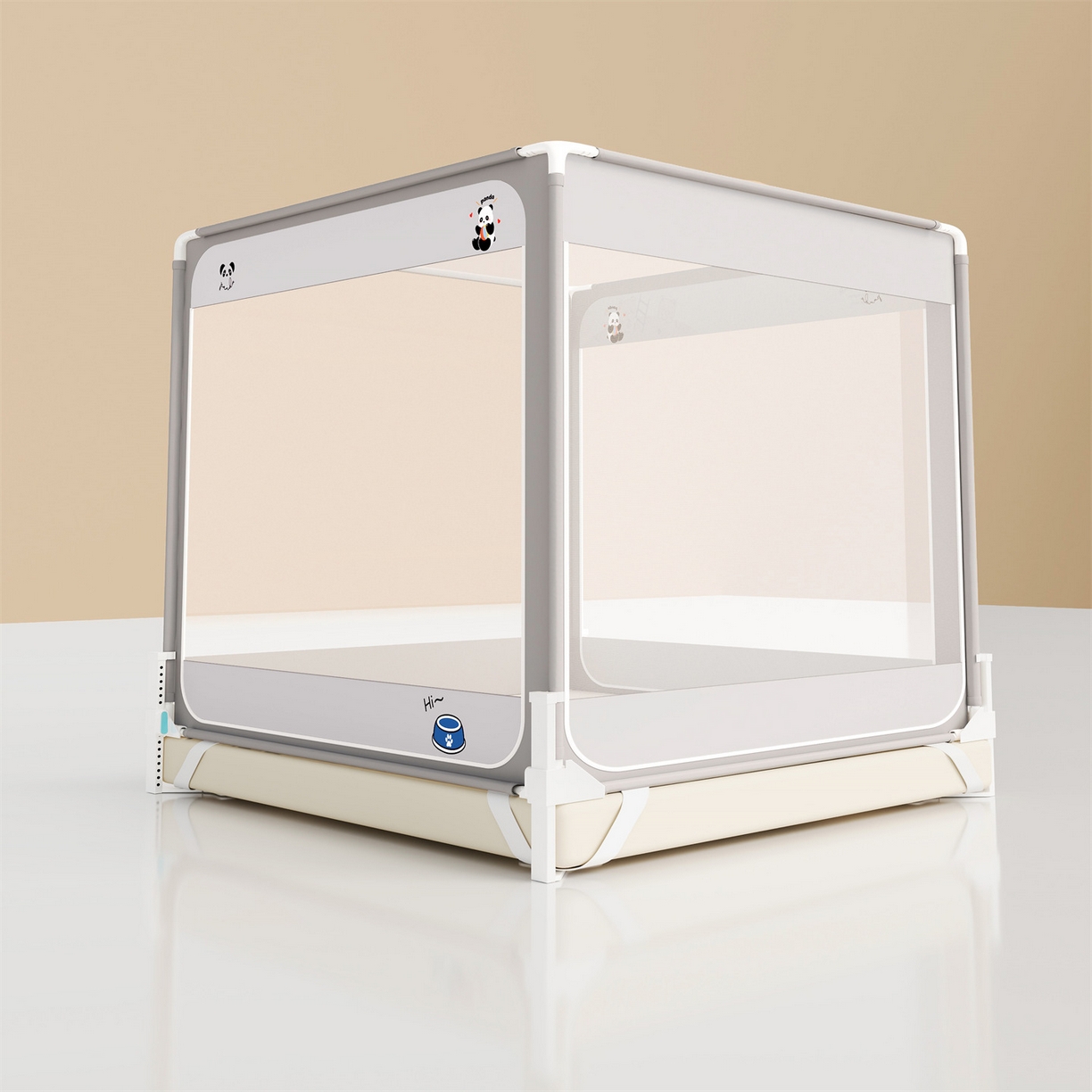 91家纺网 家纺一手货源 找家纺 佳梦家纺 2026春夏新款护栏级防摔坐床蚊帐立柱卡通系列 小熊猫-三门全底款