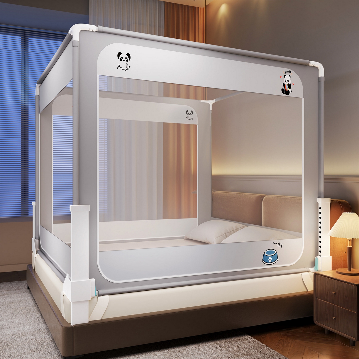 91家纺网 家纺一手货源 找家纺 佳梦家纺 2026春夏新款护栏级防摔坐床蚊帐立柱卡通系列 小熊猫-三门全底款