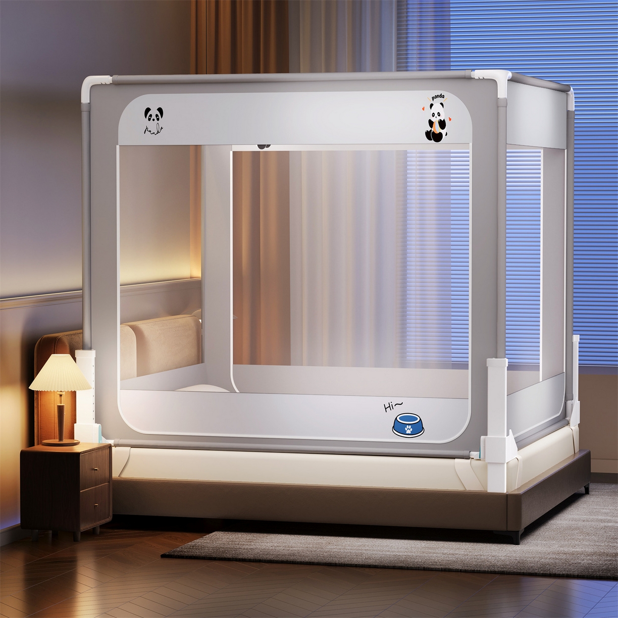 91家纺网 家纺一手货源 找家纺 佳梦家纺 2026春夏新款护栏级防摔坐床蚊帐立柱卡通系列 小熊猫-三门全底款