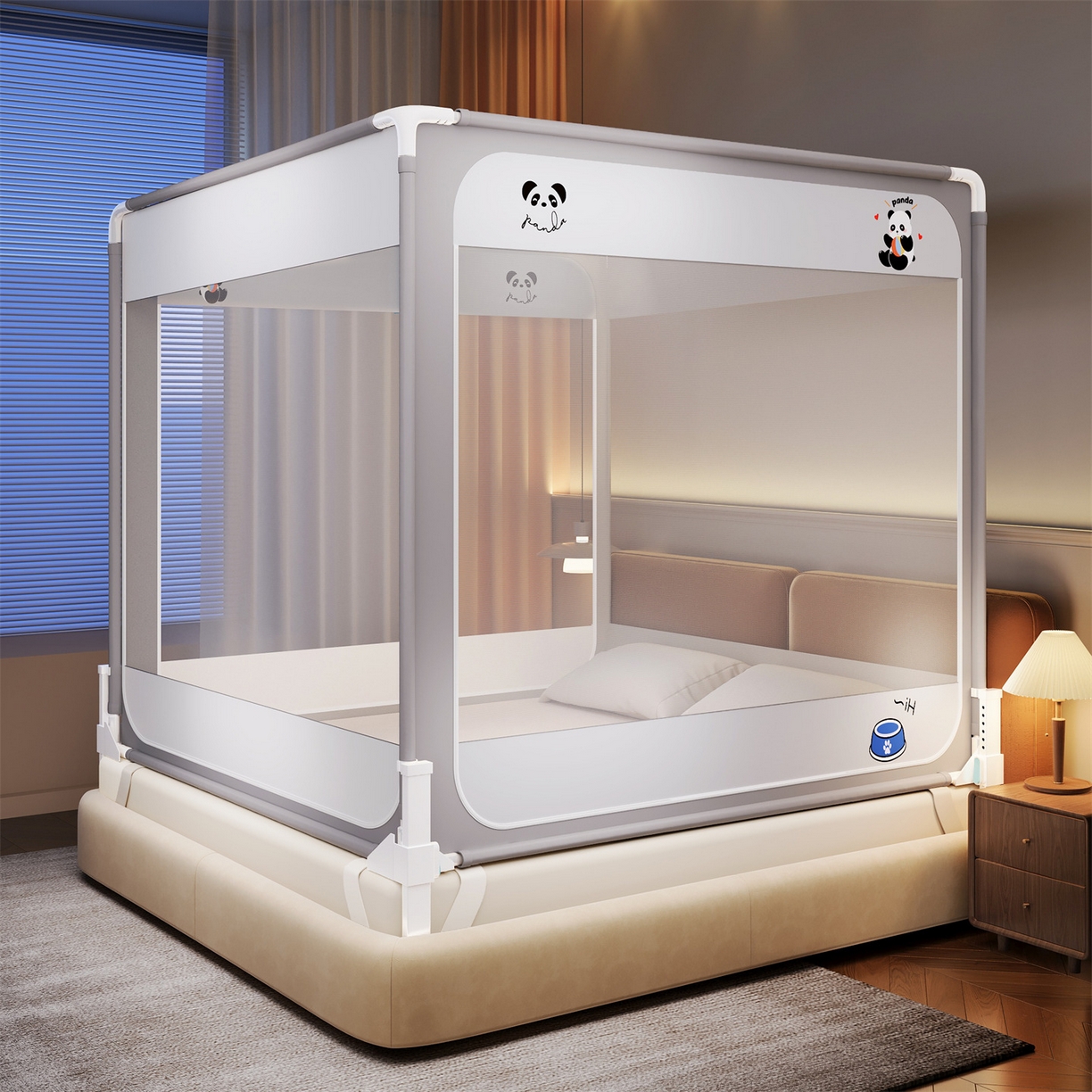 91家纺网 家纺一手货源 找家纺 佳梦家纺 2026春夏新款护栏级防摔坐床蚊帐立柱卡通系列 小熊猫-三门全底款