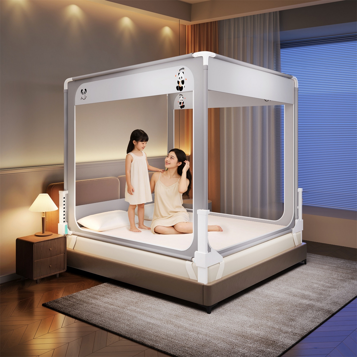 91家纺网 家纺一手货源 找家纺 佳梦家纺 2026春夏新款护栏级防摔坐床蚊帐立柱卡通系列 小熊猫-三门全底款