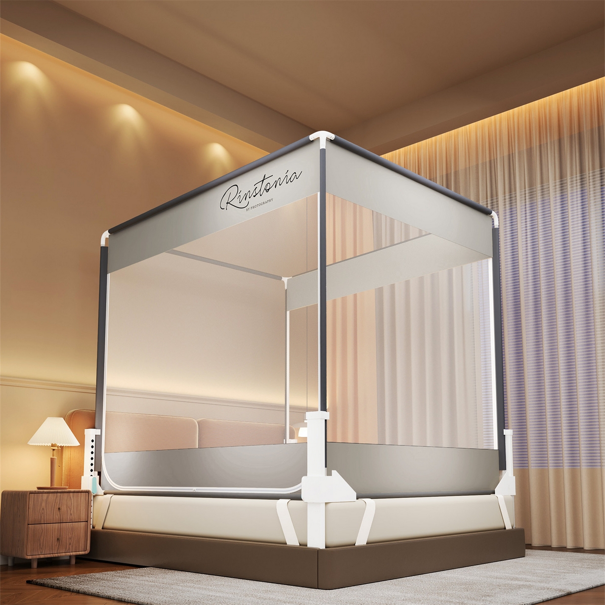 91家纺网 家纺一手货源 找家纺 佳梦家纺 2025新款印花大顶免安装蚊帐 太空蓝布三角