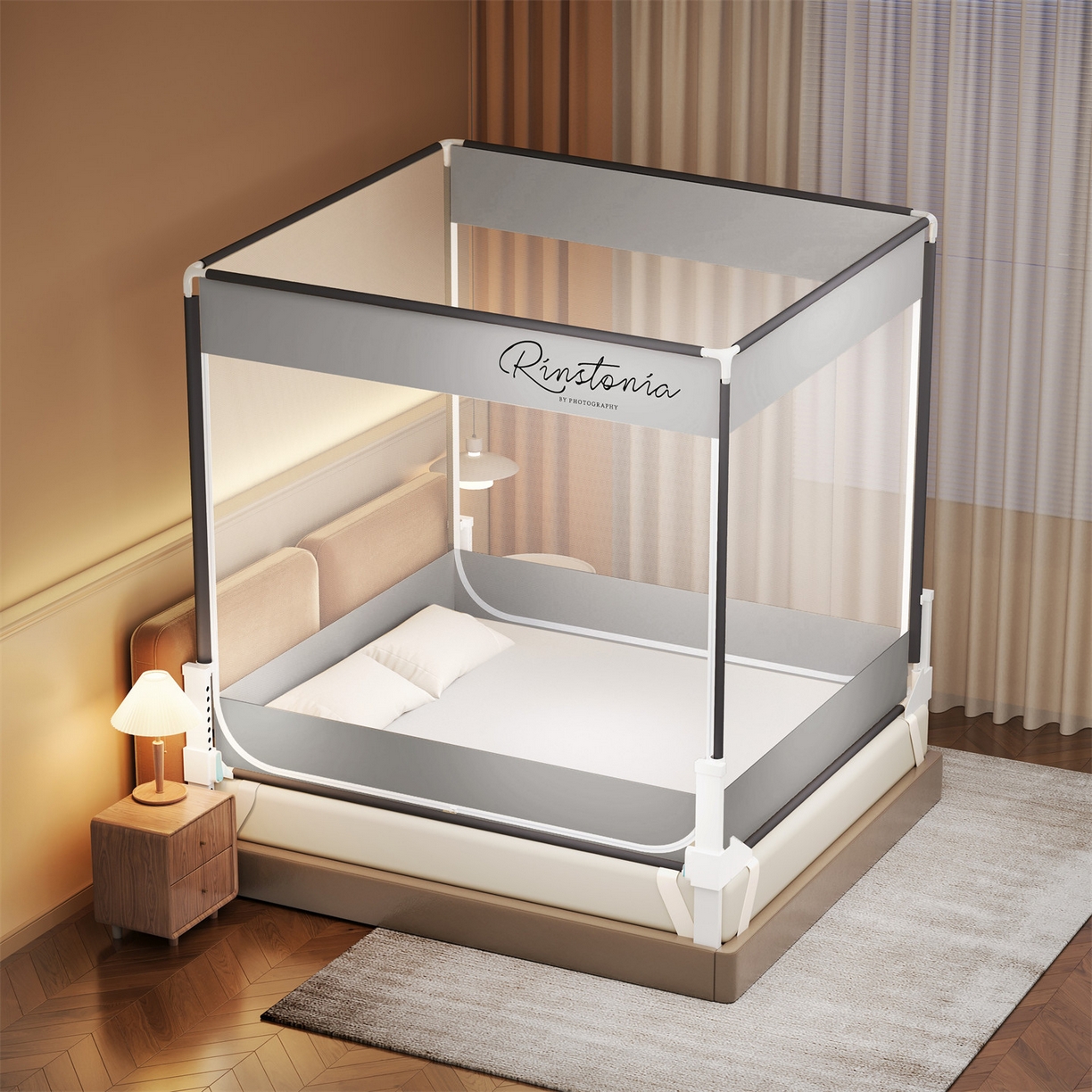 91家纺网 家纺一手货源 找家纺 佳梦家纺 2026春夏新款护栏级防摔坐床蚊帐简约款系列 恋家-灰-两门全底款