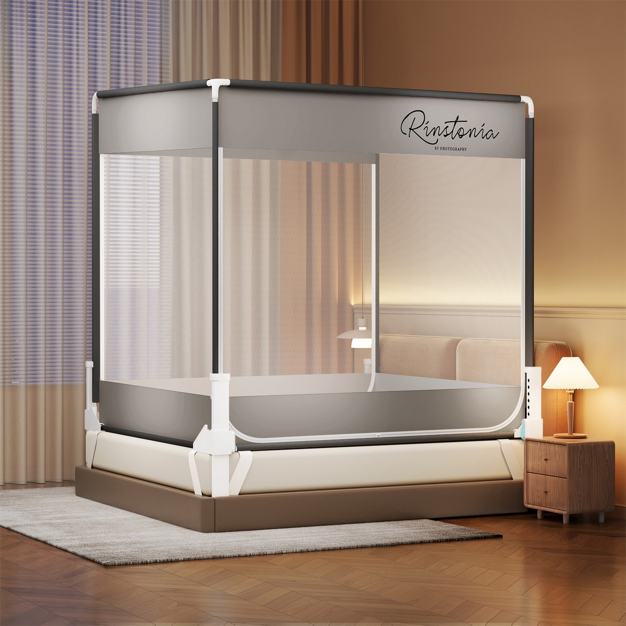 91家纺网 家纺一手货源 找家纺 佳梦家纺 2026春夏新款护栏级防摔坐床蚊帐简约款系列 恋家-灰-两门全底款