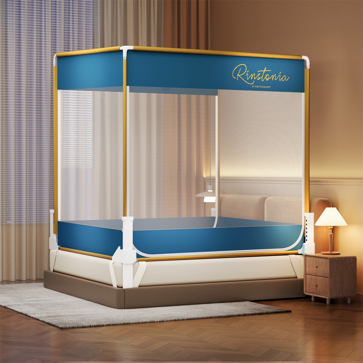 91家纺网 家纺一手货源 找家纺 佳梦家纺 2026春夏新款护栏级防摔坐床蚊帐简约款系列 恋家-蓝-两门全底款