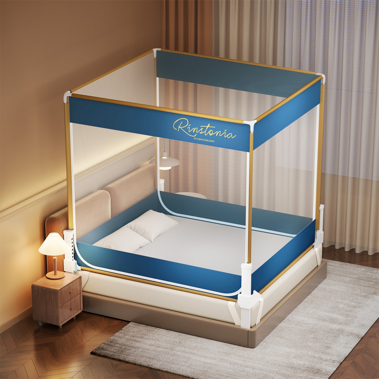 91家纺网 家纺一手货源 找家纺 佳梦家纺 2026春夏新款护栏级防摔坐床蚊帐简约款系列 恋家-蓝-两门全底款