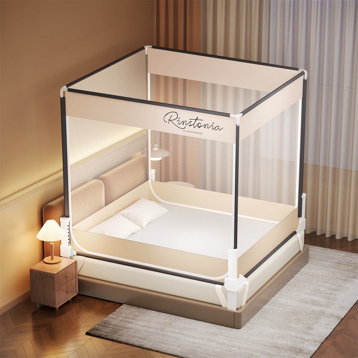 91家纺网 家纺一手货源 找家纺 佳梦家纺 2026春夏新款护栏级防摔坐床蚊帐简约款系列 恋家-米-两门全底款