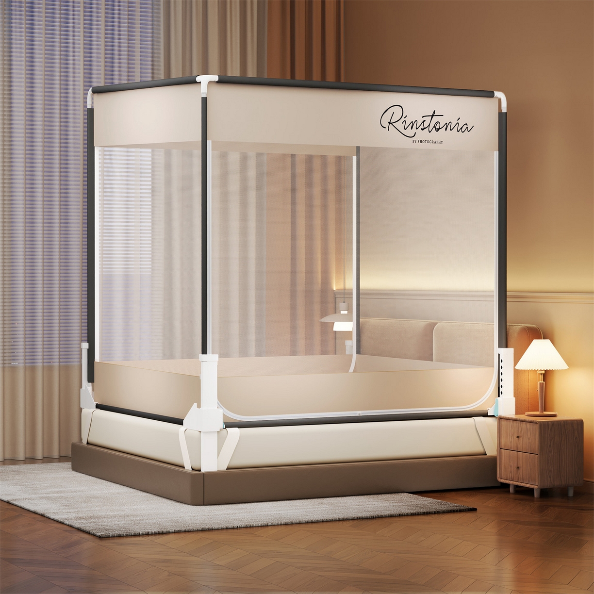 91家纺网 家纺一手货源 找家纺 佳梦家纺 2026春夏新款护栏级防摔坐床蚊帐简约款系列 恋家-米-两门全底款