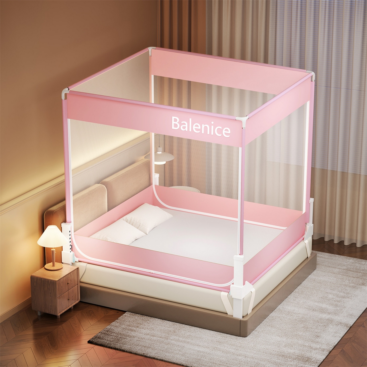 91家纺网 家纺一手货源 找家纺 佳梦家纺 2026春夏新款护栏级防摔坐床蚊帐光年系列 光年-粉-三门全底款