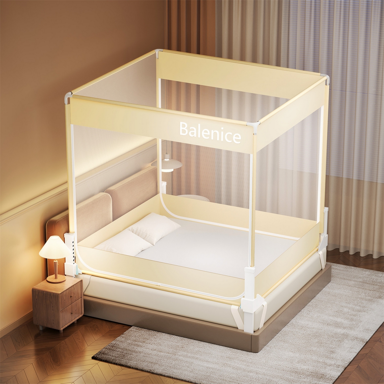 91家纺网 家纺一手货源 找家纺 佳梦家纺 2026春夏新款护栏级防摔坐床蚊帐光年系列 光年-黄-三门全底款