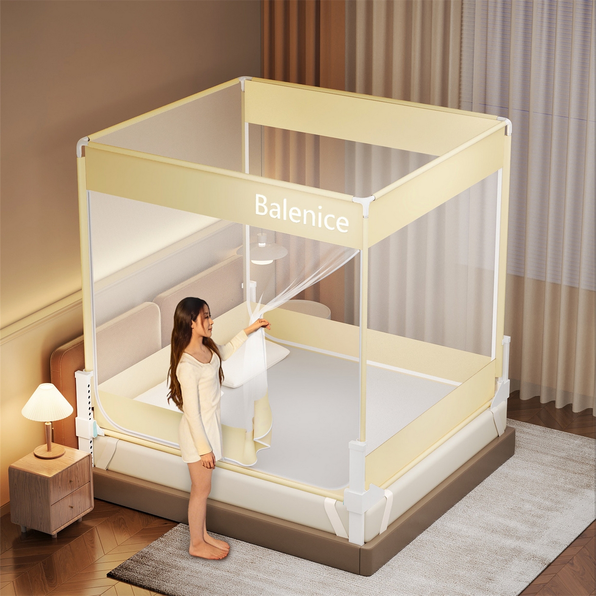 91家纺网 家纺一手货源 找家纺 佳梦家纺 2026春夏新款护栏级防摔坐床蚊帐光年系列 光年-黄-三门全底款