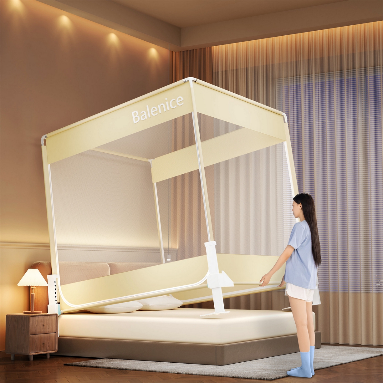 91家纺网 家纺一手货源 找家纺 佳梦家纺 2026春夏新款护栏级防摔坐床蚊帐光年系列 光年-黄-三门全底款