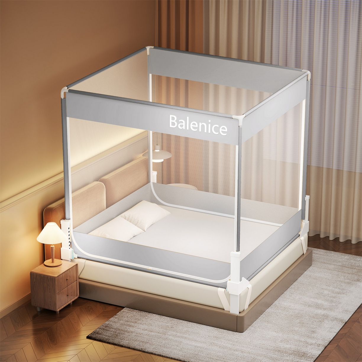 91家纺网 家纺一手货源 找家纺 佳梦家纺 2026春夏新款护栏级防摔坐床蚊帐光年系列 光年-灰-三门全底款