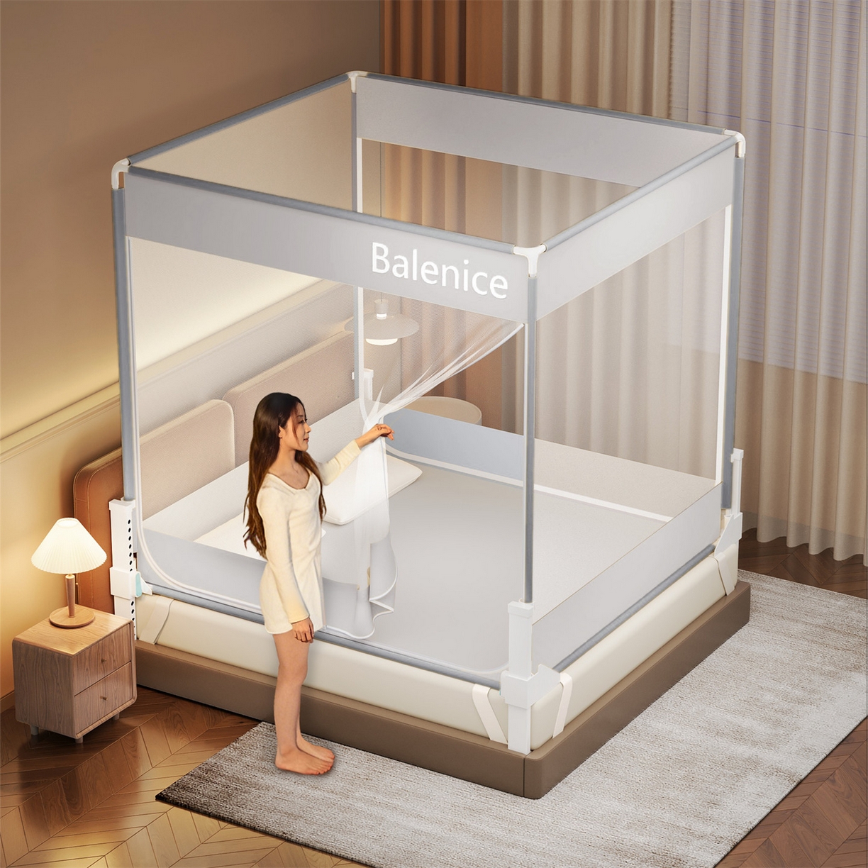 91家纺网 家纺一手货源 找家纺 佳梦家纺 2026春夏新款护栏级防摔坐床蚊帐光年系列 光年-灰-三门全底款