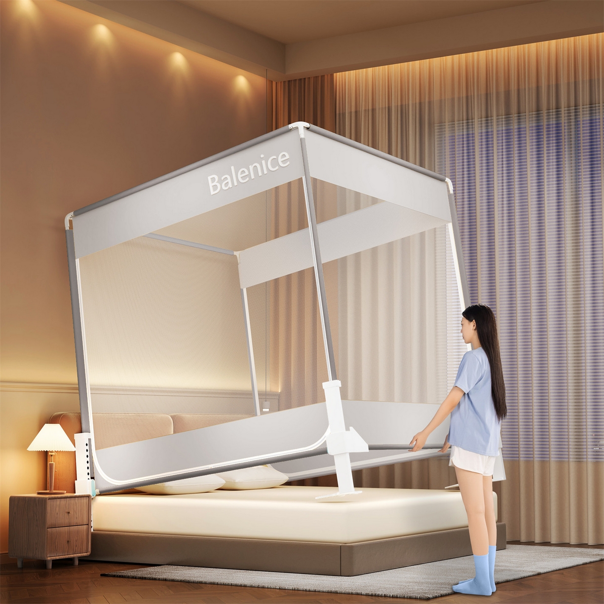 91家纺网 家纺一手货源 找家纺 佳梦家纺 2026春夏新款护栏级防摔坐床蚊帐光年系列 光年-灰-三门全底款