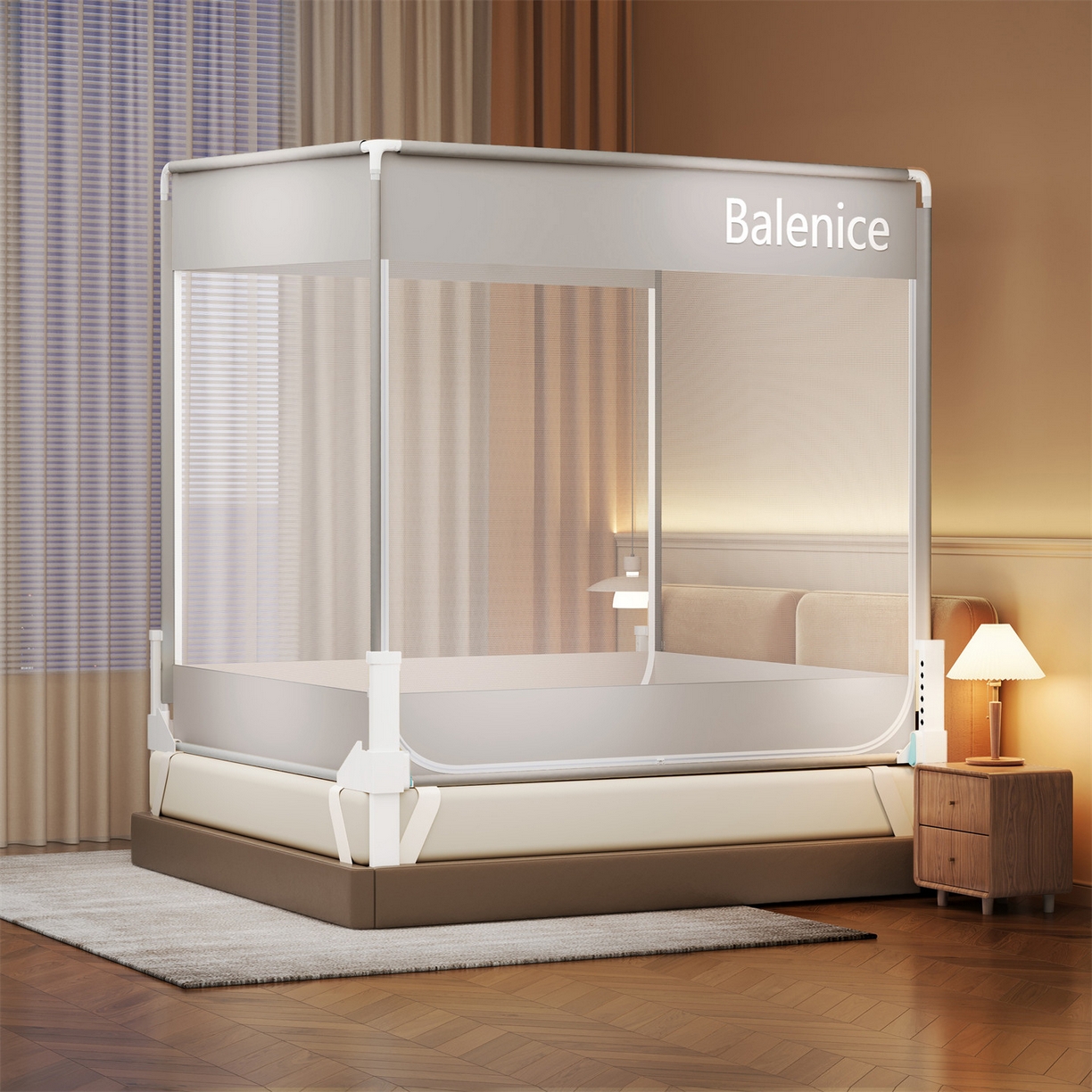 91家纺网 家纺一手货源 找家纺 佳梦家纺 2026春夏新款护栏级防摔坐床蚊帐光年系列 光年-灰-三门全底款