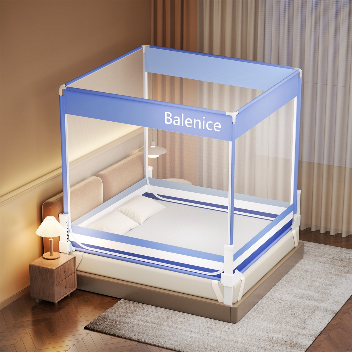 91家纺网 家纺一手货源 找家纺 佳梦家纺 2026春夏新款护栏级防摔坐床蚊帐光年系列 光年-蓝-三门全底款