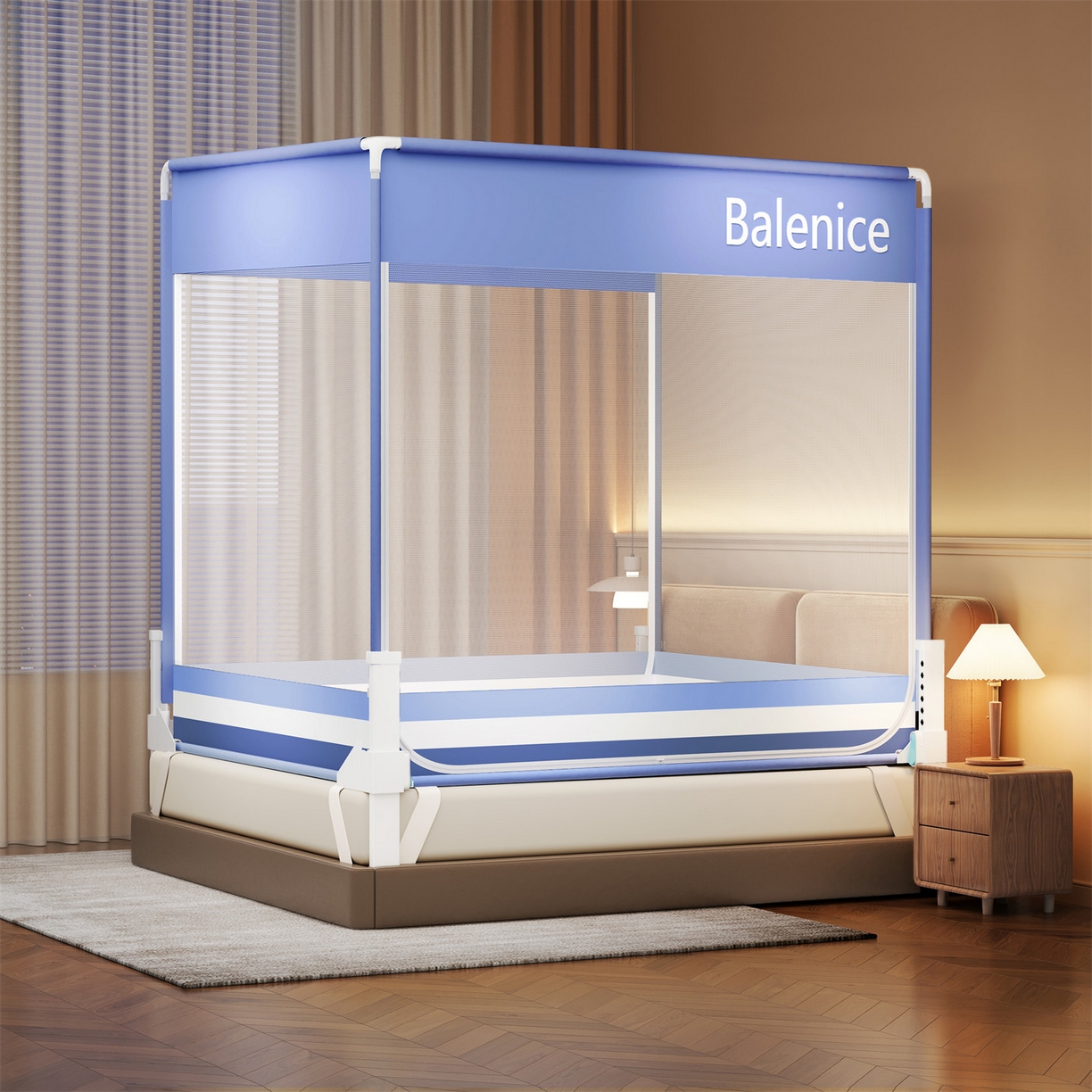 91家纺网 家纺一手货源 找家纺 佳梦家纺 2026春夏新款护栏级防摔坐床蚊帐光年系列 光年-蓝-三门全底款