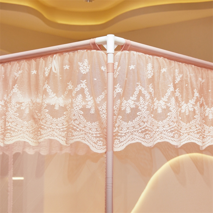 91家纺网 家纺一手货源 找家纺 佳梦家纺 2026春夏新款护栏级防摔坐床蚊帐T门系列 星河-粉玉-花边全底