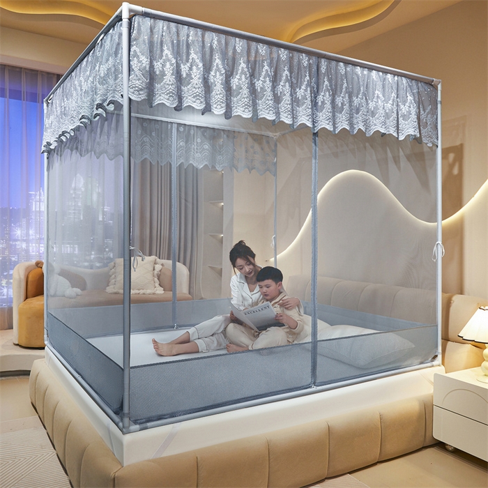 91家纺网 家纺一手货源 找家纺 佳梦家纺 2026春夏新款护栏级防摔坐床蚊帐T门系列 星河-蓝灰-花边全底