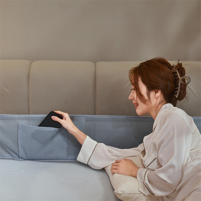 91家纺网 家纺一手货源 找家纺 佳梦家纺 2026春夏新款护栏级防摔坐床蚊帐T门系列 星河-蓝灰-花边全底