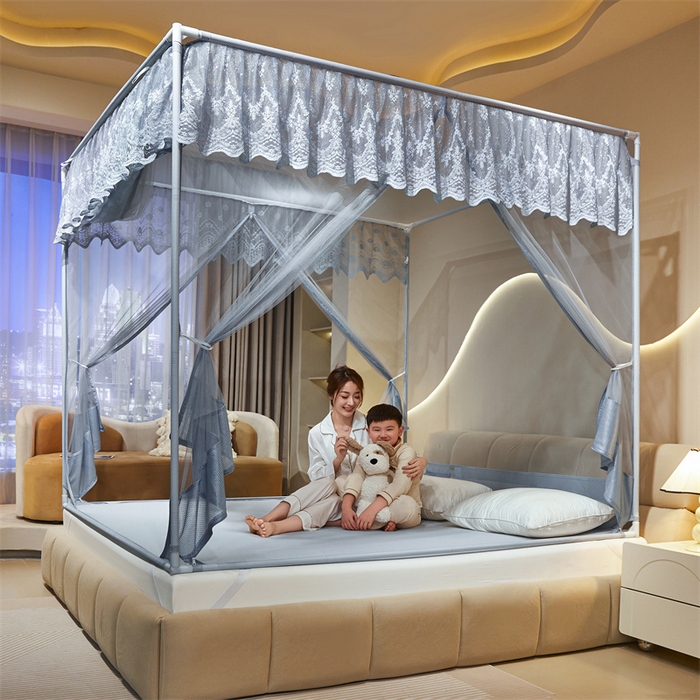 91家纺网 家纺一手货源 找家纺 佳梦家纺 2026春夏新款护栏级防摔坐床蚊帐T门系列 星河-蓝灰-花边全底