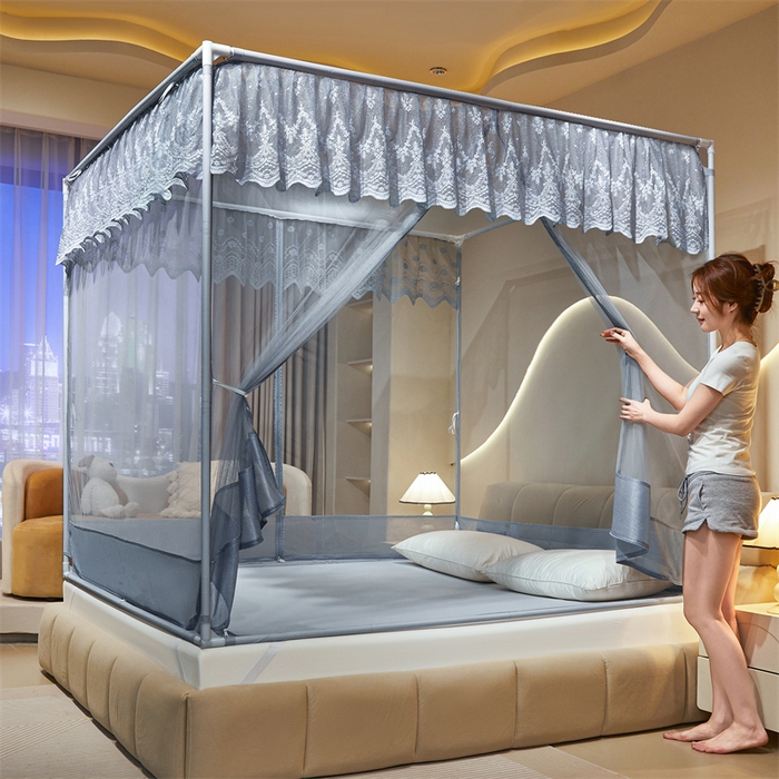 91家纺网 家纺一手货源 找家纺 佳梦家纺 2026春夏新款护栏级防摔坐床蚊帐T门系列 星河-蓝灰-花边全底