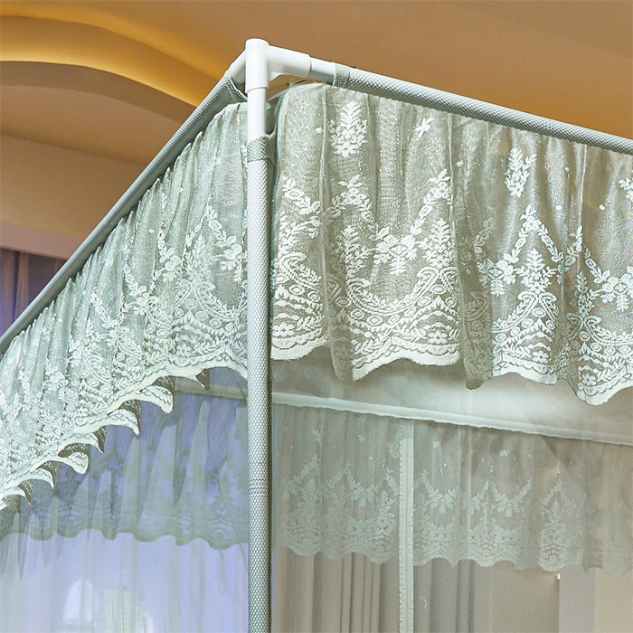 91家纺网 家纺一手货源 找家纺 佳梦家纺 2026春夏新款护栏级防摔坐床蚊帐T门系列 星河-柳绿-花边全底