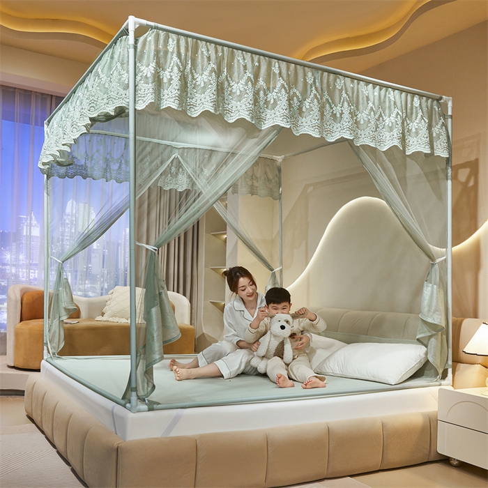 91家纺网 家纺一手货源 找家纺 佳梦家纺 2026春夏新款护栏级防摔坐床蚊帐T门系列 星河-柳绿-花边全底