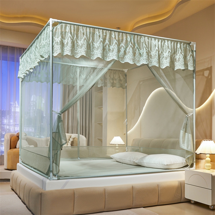 91家纺网 家纺一手货源 找家纺 佳梦家纺 2026春夏新款护栏级防摔坐床蚊帐T门系列 星河-柳绿-花边全底