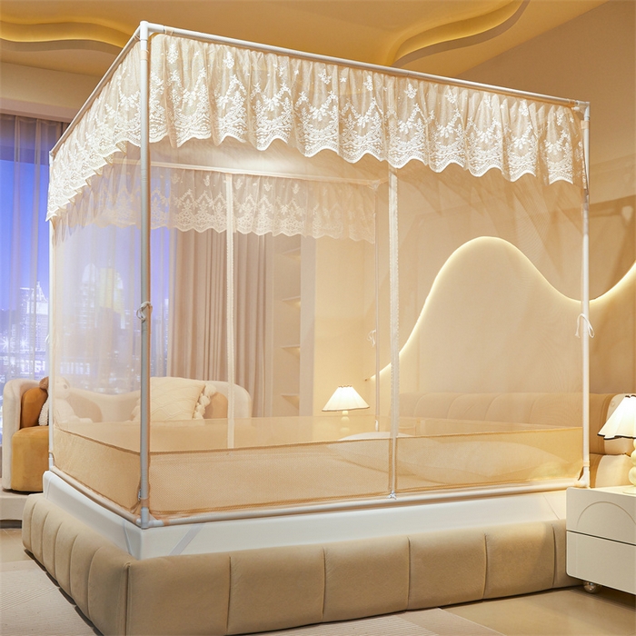 佳梦家纺 2026春夏新款护栏级防摔坐床蚊帐T门系列 星河-奶油黄-花边全底