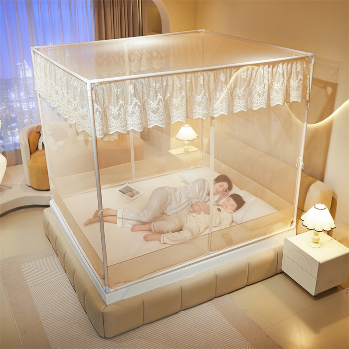 91家纺网 家纺一手货源 找家纺 佳梦家纺 2026春夏新款护栏级防摔坐床蚊帐T门系列 星河-奶油黄-花边全底