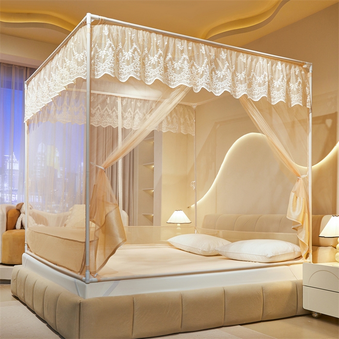 91家纺网 家纺一手货源 找家纺 佳梦家纺 2026春夏新款护栏级防摔坐床蚊帐T门系列 星河-奶油黄-花边全底