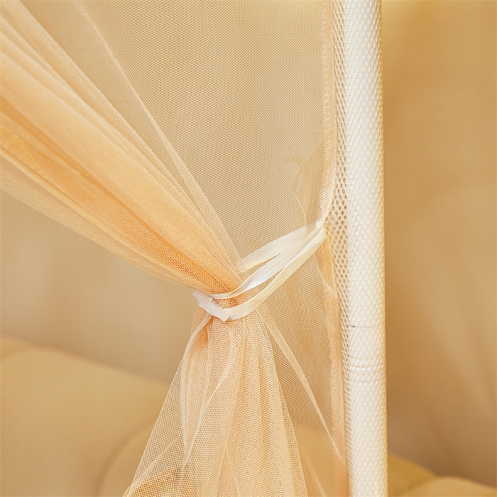 91家纺网 家纺一手货源 找家纺 佳梦家纺 2026春夏新款护栏级防摔坐床蚊帐T门系列 星河-奶油黄-花边全底