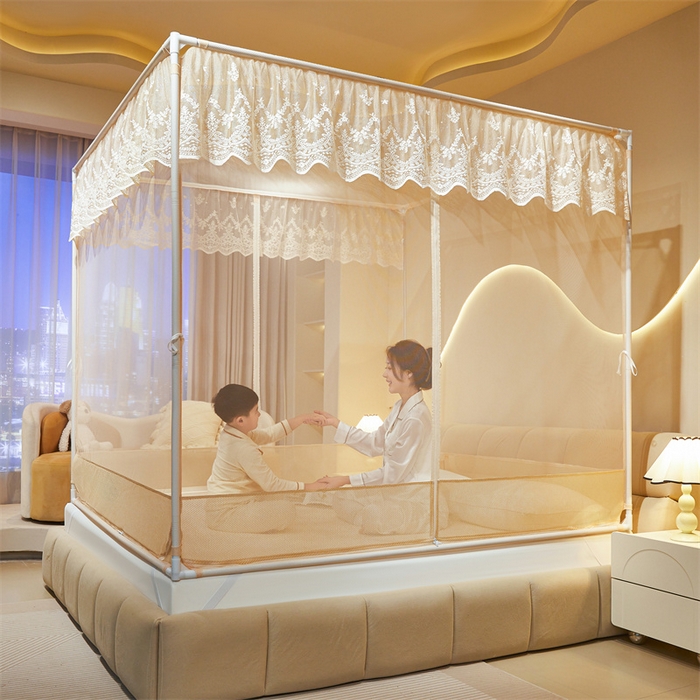 91家纺网 家纺一手货源 找家纺 佳梦家纺 2026春夏新款护栏级防摔坐床蚊帐T门系列 星河-奶油黄-花边全底