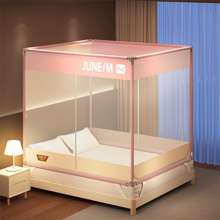 佳梦家纺 2026春夏新款护栏级防摔坐床蚊帐T门系列 可可粉-拼色全底